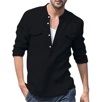 2022 Мъжки Памучни Ленени Ризи Ежедневна Cut с дълъг ръкав и джоб, Свободна Приталенная Бяла черна Хавайска риза, Мъжки дрехи
