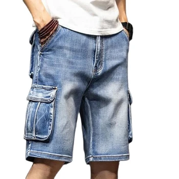 Мъжки Дънкови къси панталони-карго, Широки дънкови къси панталони с много джобове, пятиточечные Дънкови къси панталони големи размери, по-Големи размери от 40 42 44