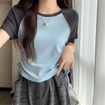 Модерен Raglan дантела, тениска с къс ръкав, Дамски лятна ежедневни тънка тениска с кръгло деколте, корейски дамски шик къси блузи в стил мозайка