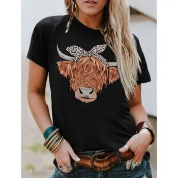 Забавни Дамски тениски с Крави, Сладка Тениска с образа на Планински Говеда, Леопард, Пастушки, Тениска с изображение на животни, Ежедневни тениски с къси ръкави, y2k