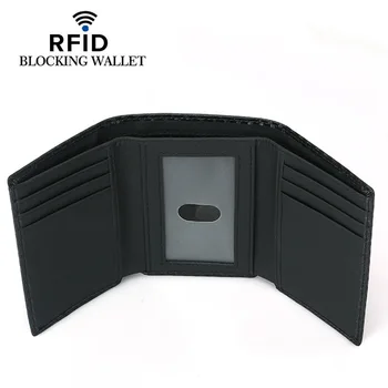 Нов мъжки портфейл RFID от въглеродни влакна с голям капацитет, трислоен портфейл от телешка кожа с множество слотове, Ретро Кратък мъжки портфейл в лента със скоба за пари
