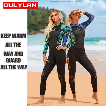 Oulylan Женски водолазен костюм от неопрен с дебелина 3 мм, женски едно парче неопрен с дълги ръкави, топли костюм за гмуркане, плаващи, сърф, гмуркане