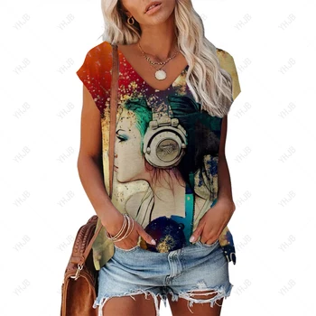 Модерна дамска тениска със слушалки, женски основни блузи с V-образно деколте и къс ръкав, градинска летни дрехи големи размери, дамски тениски