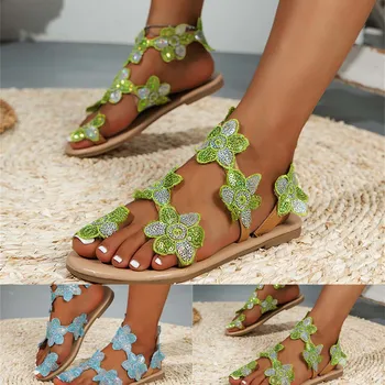 Дамски плажни сандали, Кухи ежедневни чехли, обувки на равна подметка, ретро-сандали, Дамски сандали с цветен модел, Женски широки сандали