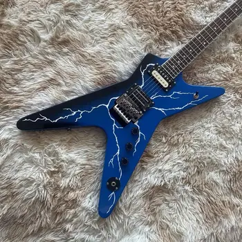 Вградена електрическа китара във формата на мълния, син гланц, сребристи аксесоари, реални снимки на доставка, могат да бъдат променени