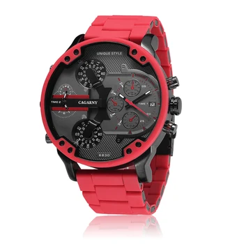 Луксозни кварцов часовник Cagarny За мъже, стръмни Голям корпус, Червен силиконов стоманена каишка, Спортни ръчни часовници Man Relogio Masculino D7370