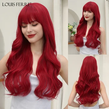 Червен Синтетични перука LOUIS FERRE, Дълги Вълнообразни Перука от естествена коса с бретон За жени, Перука от устойчиви на топлина влакна за дневни партита