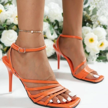 Пикантен дамски сандали на висок ток 2023, нови летни сандали на тънък ток, оранжево-розови вечерни модни обувки с отворени пръсти, дамски официални обувки