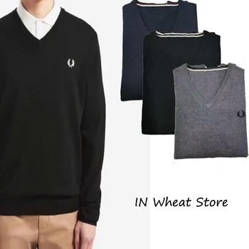 Пролет и есен, Нова пшеница, бродерия, V-образно деколте, чист памук, дълъг ръкав, всекидневни монофонични вязаный пуловер, пуловер