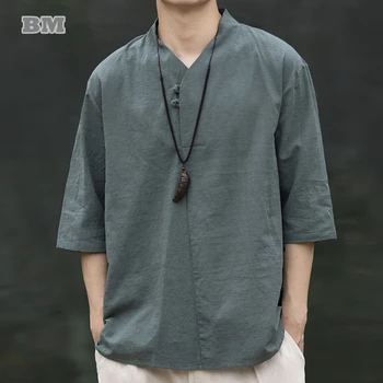Лятна Риза с къс ръкав и V-образно деколте в китайски стил, Мъжки дрехи в етнически винтидж стил, спално бельо, Памучни блузи Размера на Плюс, Тай чи Кунг-фу