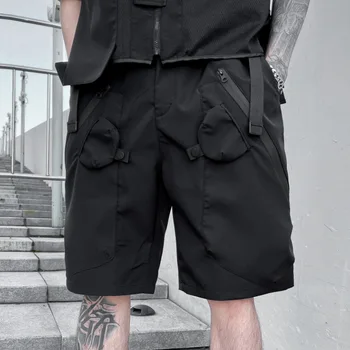 2023 Летните Европейски стилни и Уникални директни шорти-карго джоб, Мъжки ежедневни свободни черни работни панталони с еластичен ластик в талията, размер M-XXL