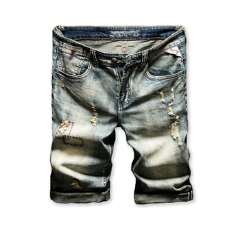 Модерен мъжки дънкови къси панталони с дупки, Летни скъсани дънки в ретро стил, къси дънки в стил Уличен хип-хоп, младежки панталони с дължина до коленете