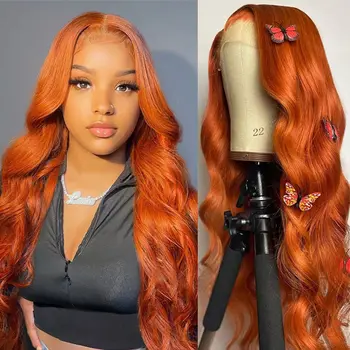 Soul Lady Оранжево-Имбирные Дълги Вълнообразни дантелени предната перуки, изработени от човешка коса за черни жени 13X4 HD Прозрачни дантелени предната перуки 32 инча