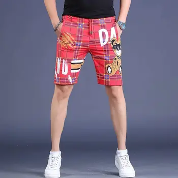 Луксозни дневни летни къси панталони в корейски стил за мъже с модерен клетчатыми щампи и сладък модел на мечка, плажни ежедневни панталони
