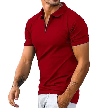 Лятна нова мъжки ежедневни однотонная риза с къси ръкави с цип, с къси ръкави, модна тениска с ревера, мъжки спортни дишаща риза с къси ръкави, мъжки
