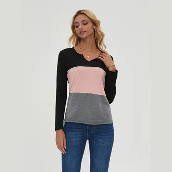 Дамски лека тениска с цветни блокчета, пуловер с кръгло деколте, ежедневни Свободна риза с дълъг ръкав, есенна топ с дълъг ръкав