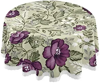 Реколта покривка с лилави цветя принтом, 60-инчов лейси покривка за празничната домашно парти, пикник