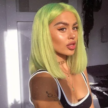 Зелен Блондин Кратък Боб Перуки, направени от синтетични косми за черни жени 180 плътност 12 инча Бесклеевые перуки на дантели 13x4 отпред с детски коса