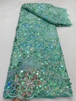 Луксозна африканска лейси плат с мъниста Високо качество 2023 за вечерна рокля, 5 Ярда дантела тъкани от Тюл с бродерия и пайети