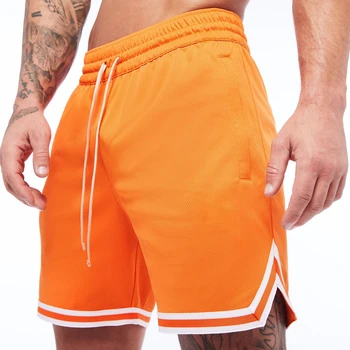 Мъжки дишащи баскетболни шорти с Оранжевия мрежа, Спортни панталони за фитнес, почивка, тренировка, бързо съхнещи, спортни къси панталони за бодибилдинг