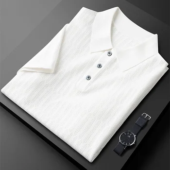 Лека луксозна висококачествена куха дишаща трикотажная мъжка тениска с къс ръкав 2023 лятна открийте проста жаккардовая ежедневни риза с къси ръкави