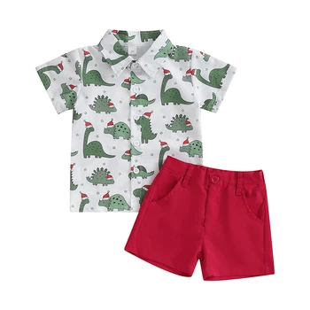 Коледно облекло за малки момчета, риза с ревери, къс ръкав, риза с копчета и къси панталони, комплект