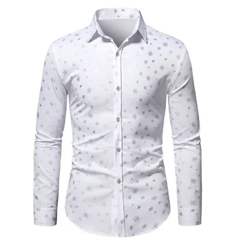 Мъжки Ежедневни Ризи с Копчета и Дълъг ръкав 2023, Лъскава Бяла Коледа риза с принтом Снежинки, Мъжка тениска за Коледно парти, абитуриентски бал, Мъжки