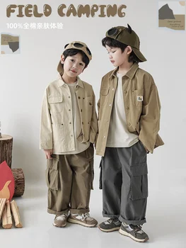 Палто с принтом джобове в Ретро стил за момчета 2023, Есен нова мода ежедневни яке за момчета