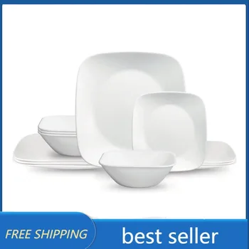 Corelle Classic, чисто бяло на квадратен комплект съдове за готвене от 12 предмети, съдове