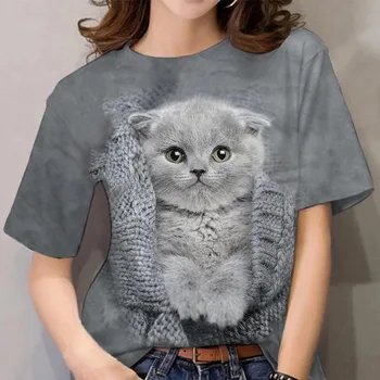 Нова лятна дамска тениска със забавна 3D принтом котка, модерен топ с кръгло деколте в девичьем стил, уличен тенденция, Всекидневни Свободен пуловер