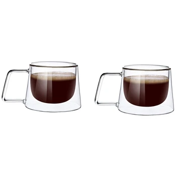 Комплект от 2 Кафеени чаши с двойни стени и дръжка, подходящ за миене в миялна машина и топлоустойчива За Прозрачни Чаши за топли напитки