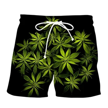 2023 Летни Мъжки Плувни Панталони с 3D-печат на Марихуана, Шорти със зелени Листа, Модерен Свободно време, Удобни Почивки, Къси Бермуди