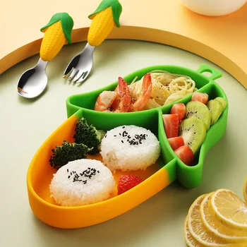 Детски Силиконови с чиния във формата на царевица с двойна вендузата, Една детска Допълнителна дневна чиния, прибори