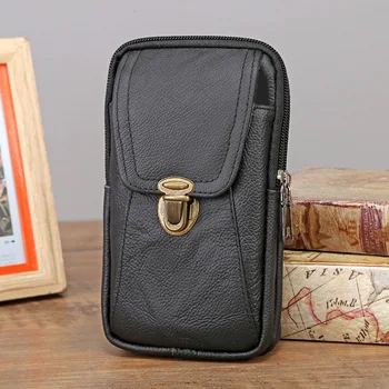 Мъжка Кожена поясная чанта, поясная чанта с голям капацитет, кафяви торби през рамо, чанти през рамо с многопластова катарама, чанта за мобилен телефон, чанта за задника
