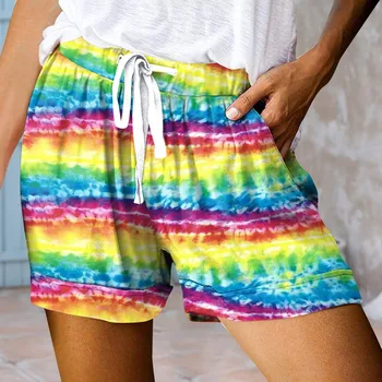 Хавайски шорти с завязками-багрила, Разноцветни бански, с преливащи се цветове панталони, Дамски къси панталонки с еластична талия, Свободни дишащи облекла, Pantalones Cortos