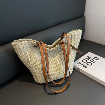 Дамска чанта-клатч от слама с Голям капацитет, Модерна чанта за подмишниците ръчно изработени, просто женствена чанта за пътуване в офиса