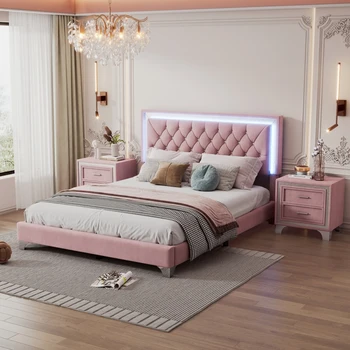Спални слушалки от 3 теми, Мебели за спални, Елегантно, удобно легло-платформа с мека тапицерия размер 