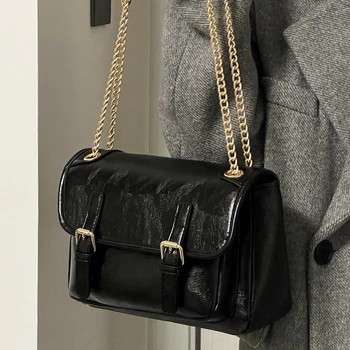 Дамски чанта През рамо, модерен дамски чанта през рамо, черна чанта от изкуствена кожа с веригата Advanced Sense