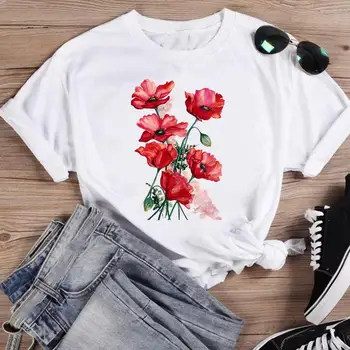 Акварел пролетен цветен Принт, Мода 2023, Женска тениска с къс ръкав и шарките от карикатура, Лятна риза, Тениски, Дамски тениска