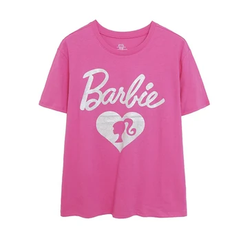 Розова нова дамска лятна тениска кукли Барби с къс ръкав и кръгло деколте с анимационни принтом, тънки свободни меки върхове, подаръци за момичета