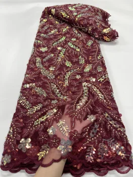 Луксозното издание на Африканската Завързана кърпа 2023, най-Новите Кестеняво-червен индийски плат Сари, Висококачествено тюлевое дантелено сватбена рокля с пайети 3D