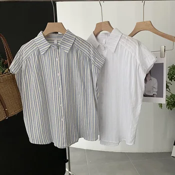 Лятна памучен бельо риза, дамски однобортная риза на райета без ръкави с отложным яка, ежедневна мода проста свободна тениска