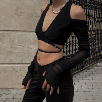 Секси черни Съкратен върховете на Улицата Дамска мода 2023, Превръзка дантела, Тениски с V-образно деколте и дълги ръкави