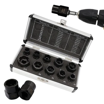 10шт 9-19 мм Професионален комплект за премахване на ударни гайки с кутия за съхранение на инструменти за извличане на гайки от легирана стомана, R7UA