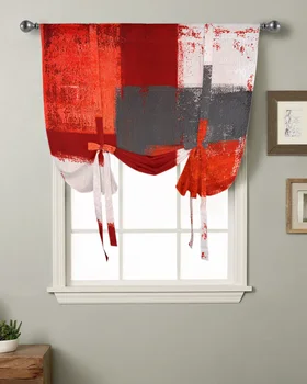 Маслена живопис, Абстрактна геометрична Червена готварска къс завеса на прозореца, Модерен начало декор, малък прозорец, римски щори на експозиции