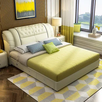 Модерна лека луксозна кожена легло в скандинавски стил, с двойно легло в основната спалня, модерна проста малък апартамент, мека чанта за съхранение, легло-татами