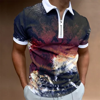 Ретро мъжка тениска-поло с 3D художествен принтом, улични дизайнерски блузи с къс ръкав, мъжки риза-поло с цип, Свободна риза оверсайз и блузи
