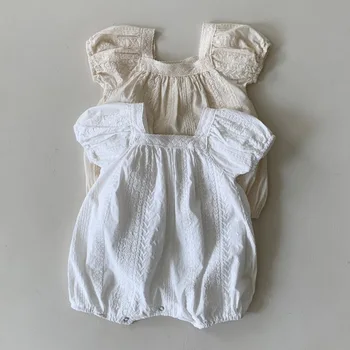 Летен Гащеризон с дантела и бродирани 2023 година за момиченца, дрехи в корейски стил за новородено, Меки удобно боди с къс ръкав, Гащеризон