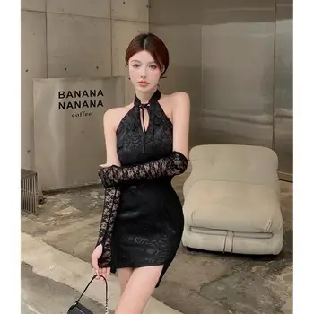 2023 съвременен китайски рокля, секси рокля във френски стил, винтажное черно секси ципао, началото на есента, ново дантелено секси рокля-чонсам с мирис на хип
