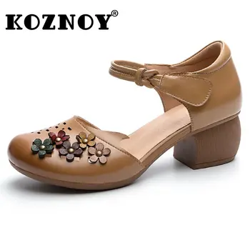 Koznoy/ Удобни дамски модни лоферы на дебелите обувки от естествена телешка кожа, 5 см, Лятна Кух чехли, дамски сандали на куки, обувки